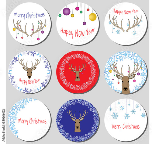 Set of christmas stickers with wreaths of snowflakes, christmas balls and deer. Beautiful round happy new year badges.