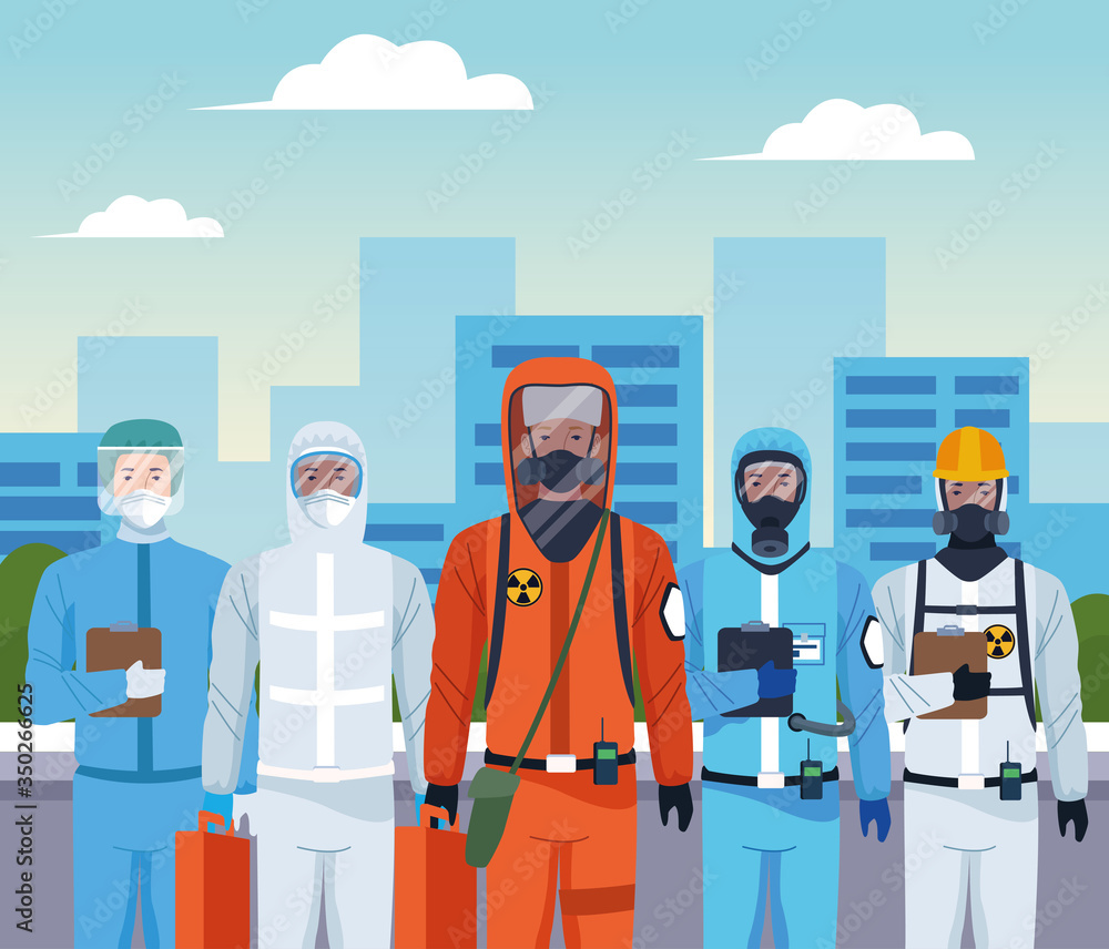 group of workers using protection virus suits on the city group of workers using protection virus suits on the city