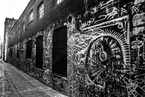 Graffiti's street.
Black and white picture of a narrow street where the walls are all tagged with graffitis.
