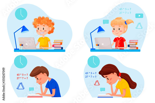 Set of vector children online education illustration in vector. Flat character design for webs on white isolated background. Kids are studying with laptops by the tables.