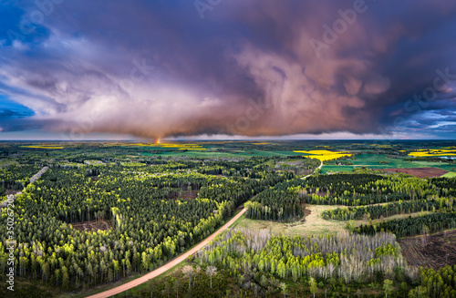 Fototapeta Naklejka Na Ścianę i Meble -  Aerial landscape of countryside with colorful storm clouds. Extreme thunderstorm over a pine forest and road.