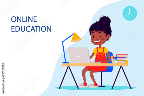 Girl is studying online with the laptop by the table. Vector flat illustration for websites on white isolated background.