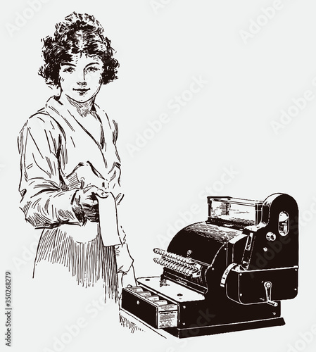Young saleswoman from early 20th century standing in front of cash register, handing over till receipt