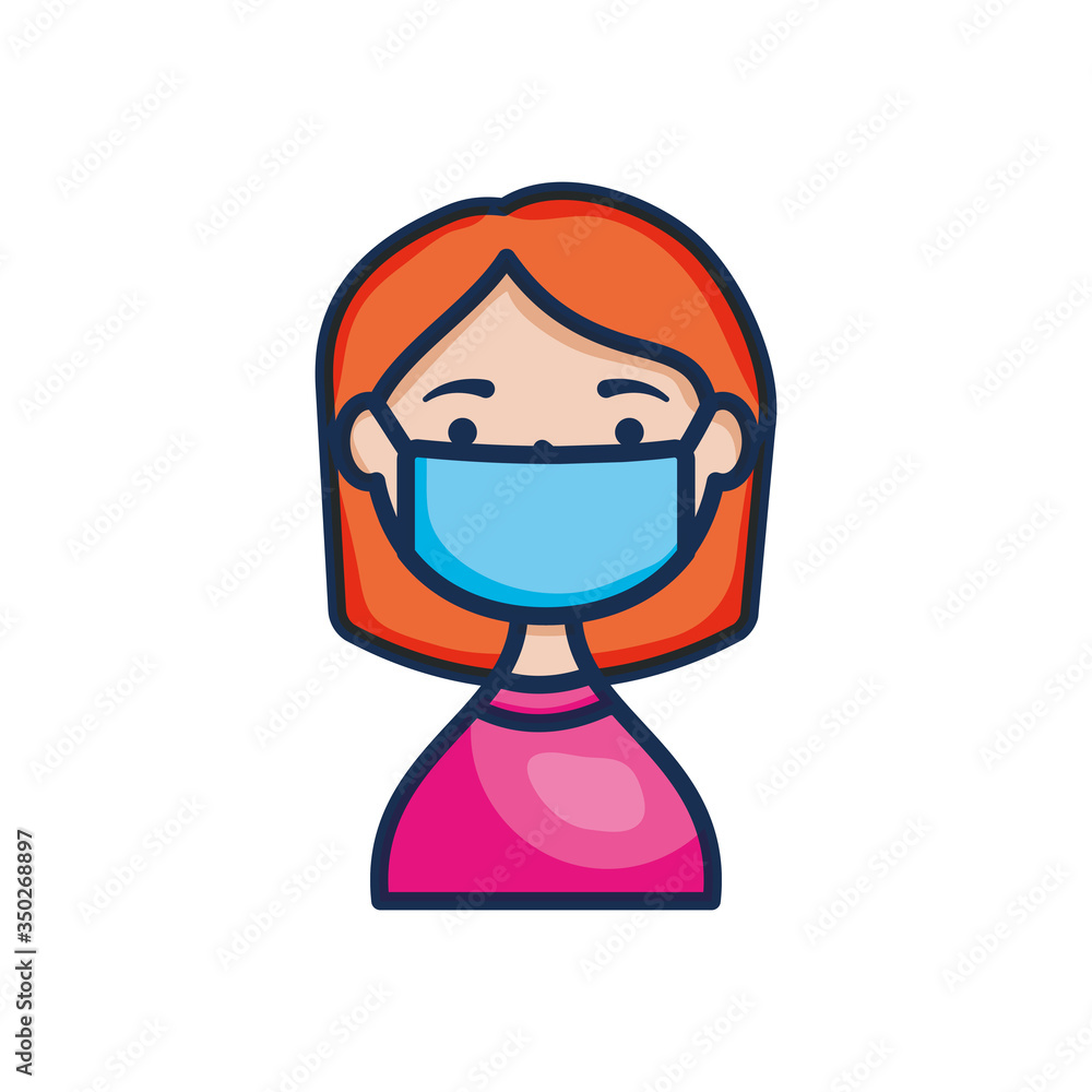 cartoon woman wearing mouth mask icon, line color style