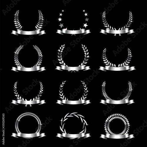 Silver laurel wreath ribbon isolated set on black background. Wheat ears and stars decoration. Vector luxury award design. 