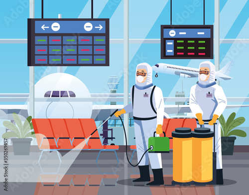 biosafety workers desinfect airport for covid19