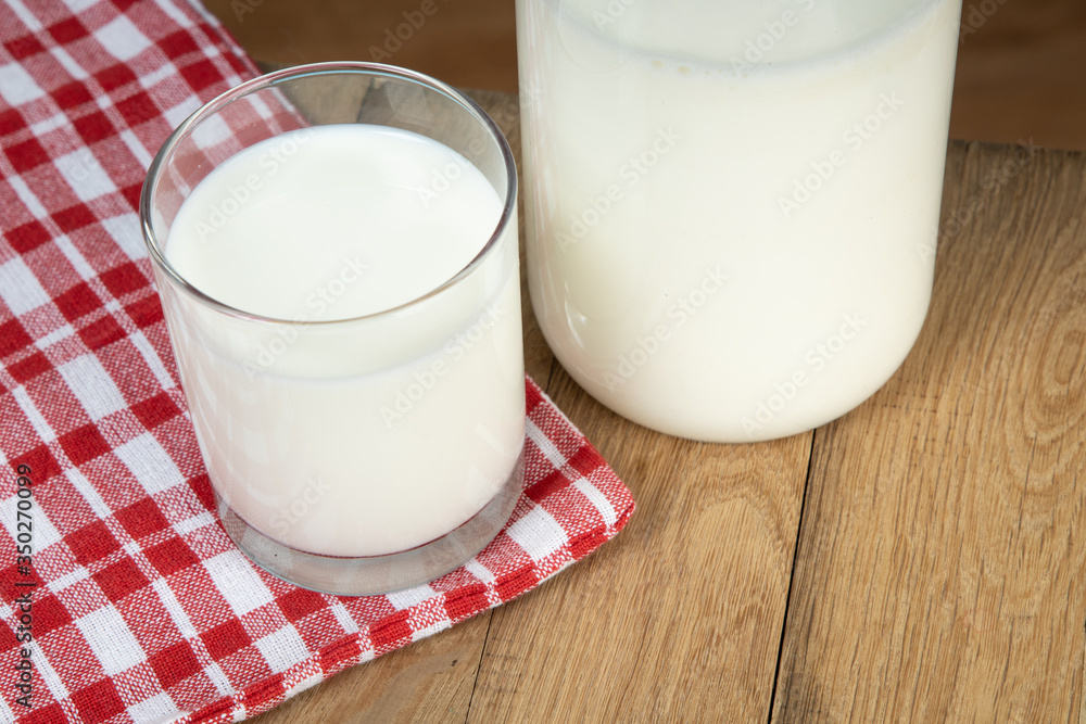 Glass of milk and bottle on wooden background. Top view Glass of milk and bottle on wooden background. Top view