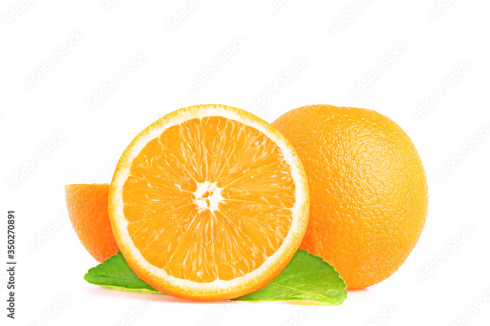 Orange.two oranges with leaf and half isolated on white background. fruit Orange.two oranges with leaf and half isolated on white background. fruit