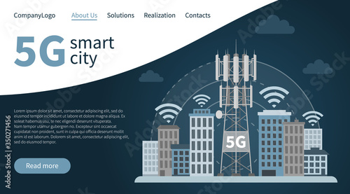 Landing page 5G innovative smart city. Web design banner concept of fifth generation base station mast, illustration of cellular equipment and mobile data towers, telecommunication antennas and signal