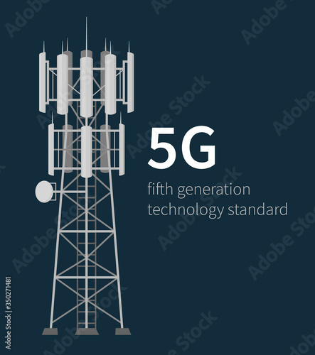 Fifth generation mast base stations on dark blue background, flat vector illustration of 5G mobile data towers, cellular equipment, telecommunication antennas and signal.