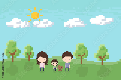 Family, Dad, Mom and Son with a dog in the park Icon, Pixel 8 bit style