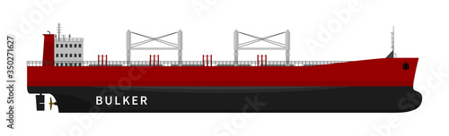Flat vector illustration of nautical vessel floating in the ocean. Black red bulker ship isolated on white background. Dry cargo with goods, import export transport industry. Cheap delivery option.