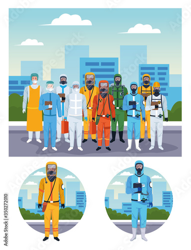 crowd of workers using protection virus suits on the city