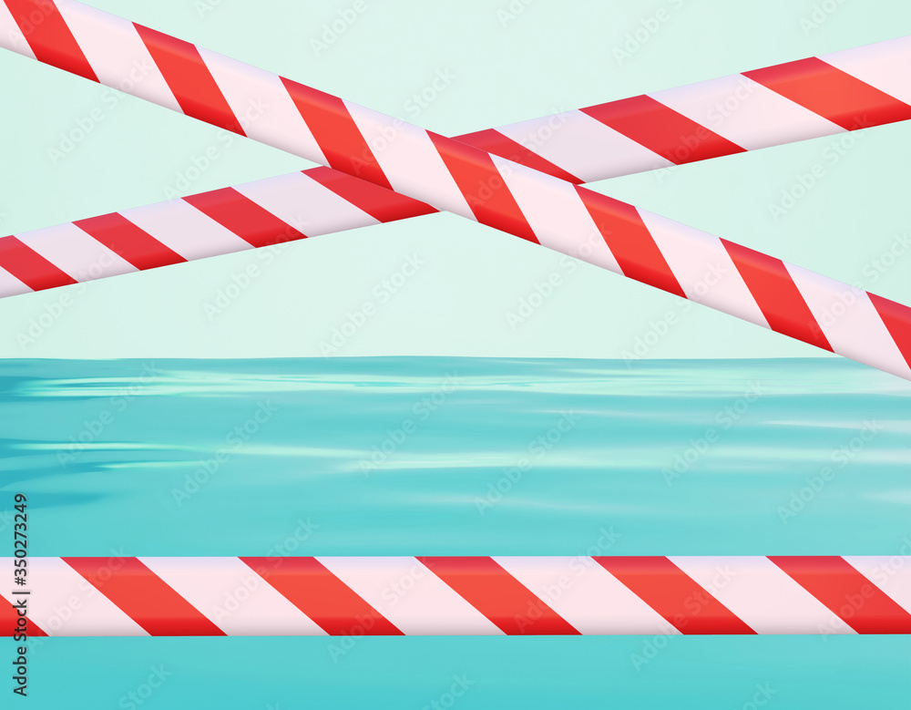 Closed beach with prohibition tapes. Blue surface of the sea. Delayed vacation background, tourism in decline, 3d render Closed beach with prohibition tapes. Blue surface of the sea. Delayed vacation background, tourism in decline, 3d render