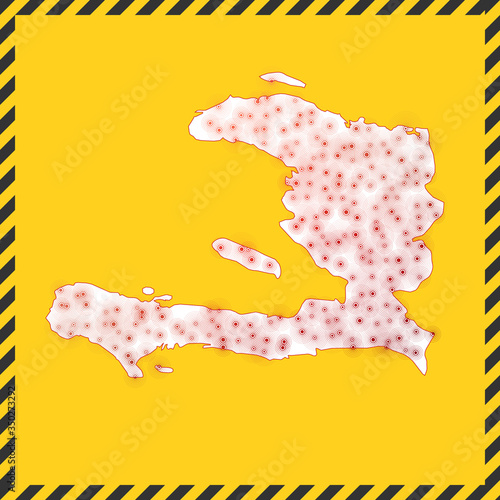 Haiti closed - virus danger sign. Lockdown country icon. Black striped border around map with virus spread concept. Vector illustration.