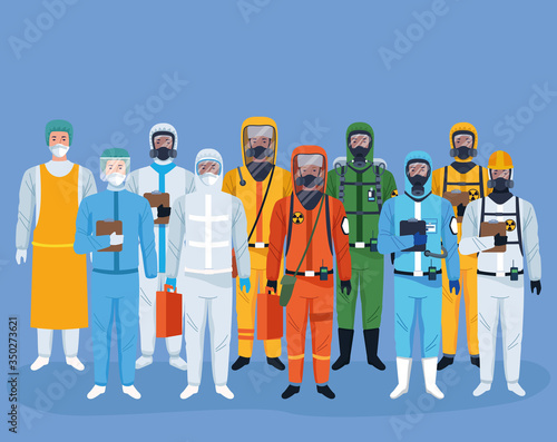 crowd of workers using protection virus suits characters