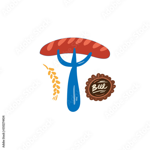 Vienna sausage for beer. Vector illustration in doodle style. Isolated on a white background. Party celebration in a pub.