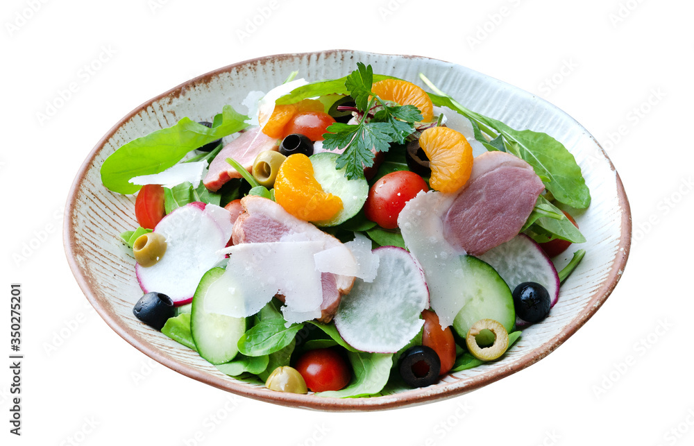 Smoked duck breast rocket salad orange balsamic vinaigrette in ceramic plate isolated on white background, clipping path included