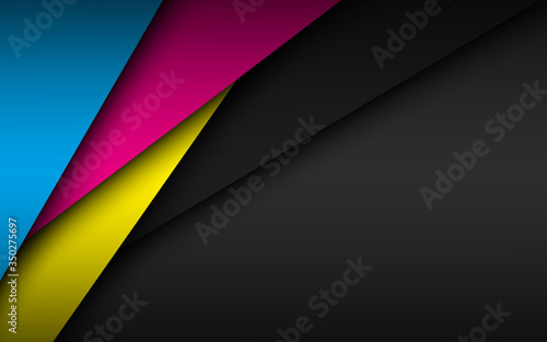 Black modern material background with overlapped sheets of paper in cmyk colors. Template for your business. Vector abstract widescreen background