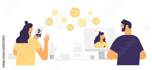 Young man and woman communicate online using a mobile phone and a computer. People on the screen of devices. Remote communication concept: online meeting, dating, call and video. Vector in flat design