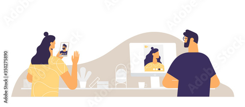 Web banner in social media concept. Man and woman communicate on the internet using a mobile phone and a computer. Faces on the screens of devices. Video chat, online meeting and dating. 