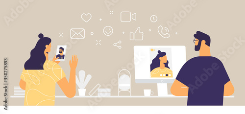 Woman and man in a video chat. Online meeting and remote communication on the internet. Social media line icons: call, emoji, message, video, phone, share, like. Vector illustration in flat design