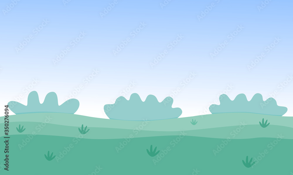 Vector illustration of summer fields, grass, sky. Landscape with green hills. Bright background, flat cartoon style. For a poster or banner.