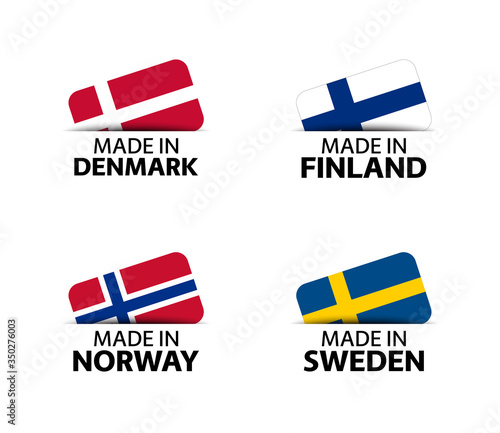 Set of four Danish, Finnish, Norwegian and Swedish stickers. Made in Denmark, Made in Finland, Made in Norway and Made in Sweden. Simple icons with flags isolated on a white background