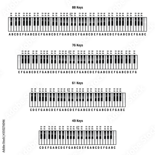 Piano keyboards in standard 88 key, 76 key, 61 key and 49 key layouts, with labels, isolated vector illustration