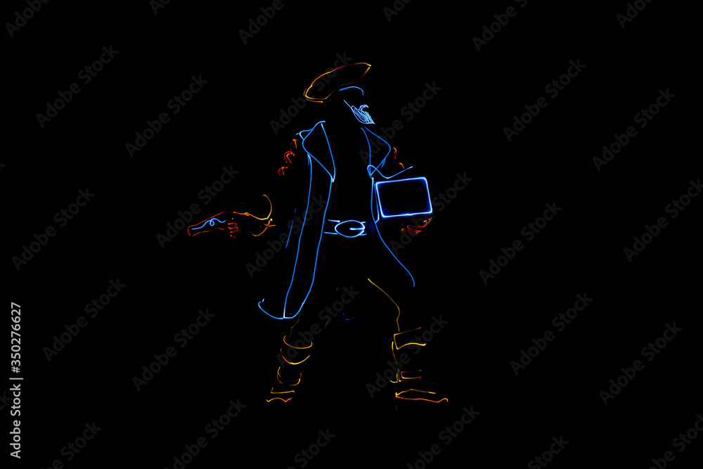 Neon Glow dancers. Entertainment.  Pirate with a chest and a gun.