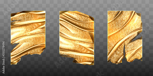 Old gold foil sheets with torn edges and wrinkles. Vector realistic mockup of crumpled golden foil, metal paper with rough surface texture, rips and folds isolated on transparent background