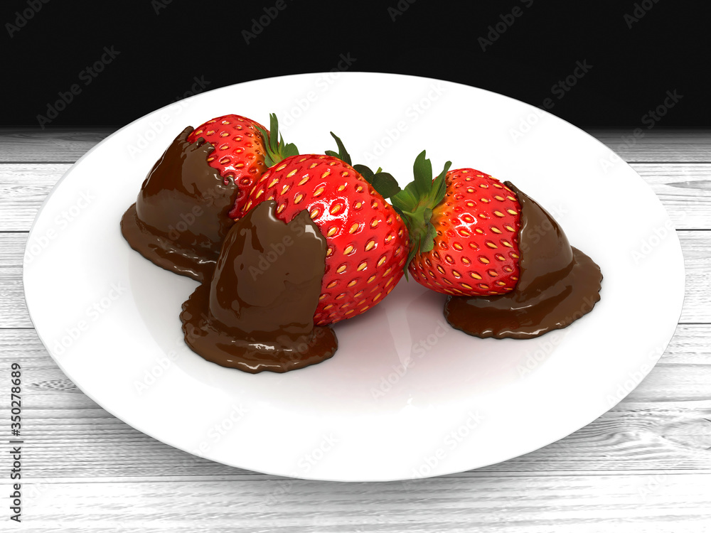 Three strawberries in chocolate on a white plate. 3 D illustration. Three strawberries in chocolate on a white plate. 3 D illustration.