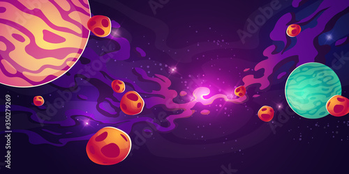 Planets in outer space with satellites, meteors, asteroids and nebula in dark starry sky. Galaxy, cosmos, universe futuristic fantasy view background for computer game. Cartoon vector illustration