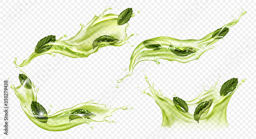 Splash of green tea with mint, matcha isolated on transparent background. Vector realistic set of liquid waves of falling and flowing water, menthol drink, cold tea with peppermint leaves