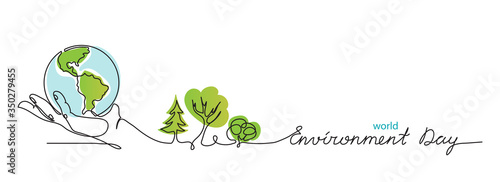 World environment day simple vector web banner, poster with earth and trees. One continuous line drawing. Minimalist banner, illustration with lettering environment day.