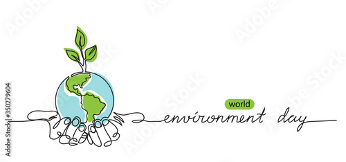 World environment day minimalist vector background with earth in hands and plant. One continuous line drawing. Poster, banner, background with lettering environment day.
