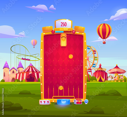 Mobile game app background, application vertical interface. Ui or Gui arcade with attraction park or fair, gold coins fall to slots on red field, castle and circus big top, cartoon vector illustration