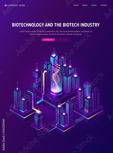 Biotechnology and biotech industry isometric landing page. Smart city with Dna hologram projection in bio laboratory and neon glowing skyscrapers. Futuristic genetic engineering, 3d vector web banner