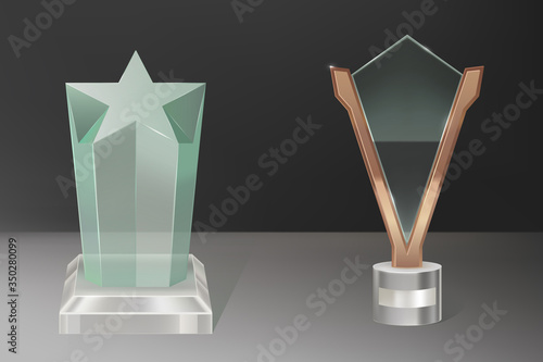 Glass trophy, transparent winner award with star shape crystal and plate in brass frame. Vector realistic blank clear acrylic prizes to best film, achievement, sport victory or academy success.