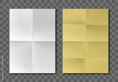 Folded blank paper sheets top view. Vector realistic mockup of white and yellow paper with crossing creases. Wrinkled leaflet, flyer, crumpled document pages isolated on gray background