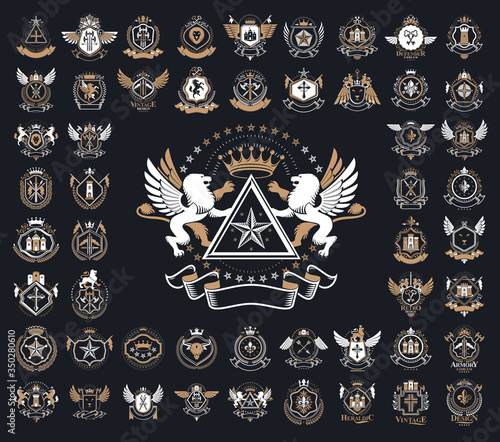 Heraldic Coat of Arms vector big set, vintage antique heraldic badges and awards collection, symbols in classic style design elements, family or business logos. photo