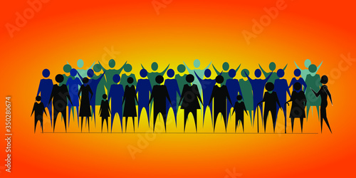 Diverse multiracial and multicultural group of people isolated on orange background. Happy old and young men, women, and children standing together. Social diversity. Flat cartoon vector illustration