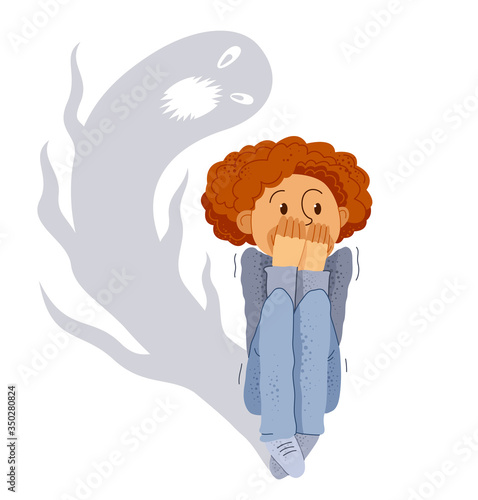 Fotografering Sciophobia fear of shadows vector illustration, boy is scared by her own shadow with imaginary scary face scared in panic attack, psychology mental health concept