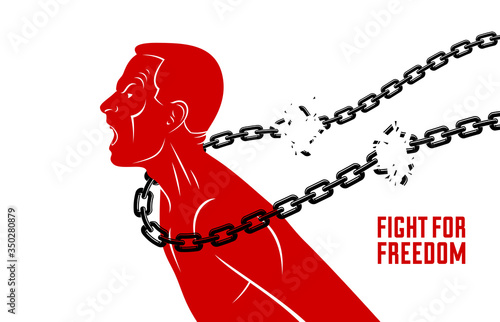 Shouting and screaming man trying to break the chain struggling for freedom, fight and liberate concept, liberty and human rights vector conceptual illustration.
