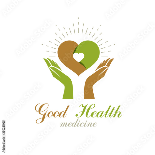 Caring hands holding heart. Alternative medicine concept, vector phytotherapy logo. Strong heart is good health.
