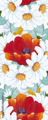 bold white daisies and poppies in a seamless pattern