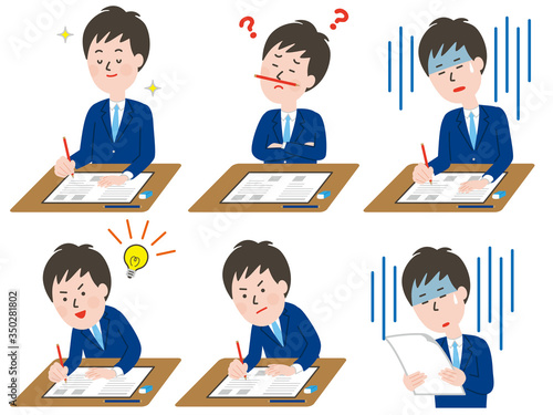 テストを受ける男子学生の表情バリエーション