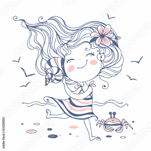 Cute little girl on the beach listening to a seashell. Vector.