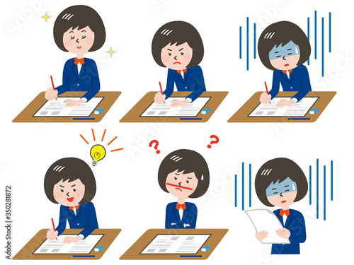 テストを受ける女子学生の表情バリエーション