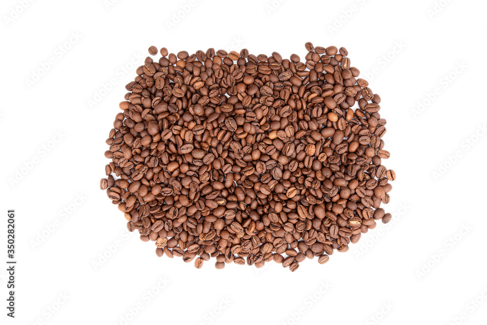 Heap of roasted coffee beans isolated on white background. Top view. Heap of roasted coffee beans isolated on white background. Top view.